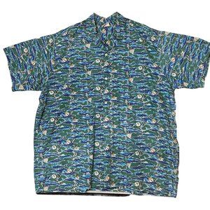 Barefoot in Paradise Blue Green Fish Print 100% Cotton Men's Hawaiian Shirt 3XL